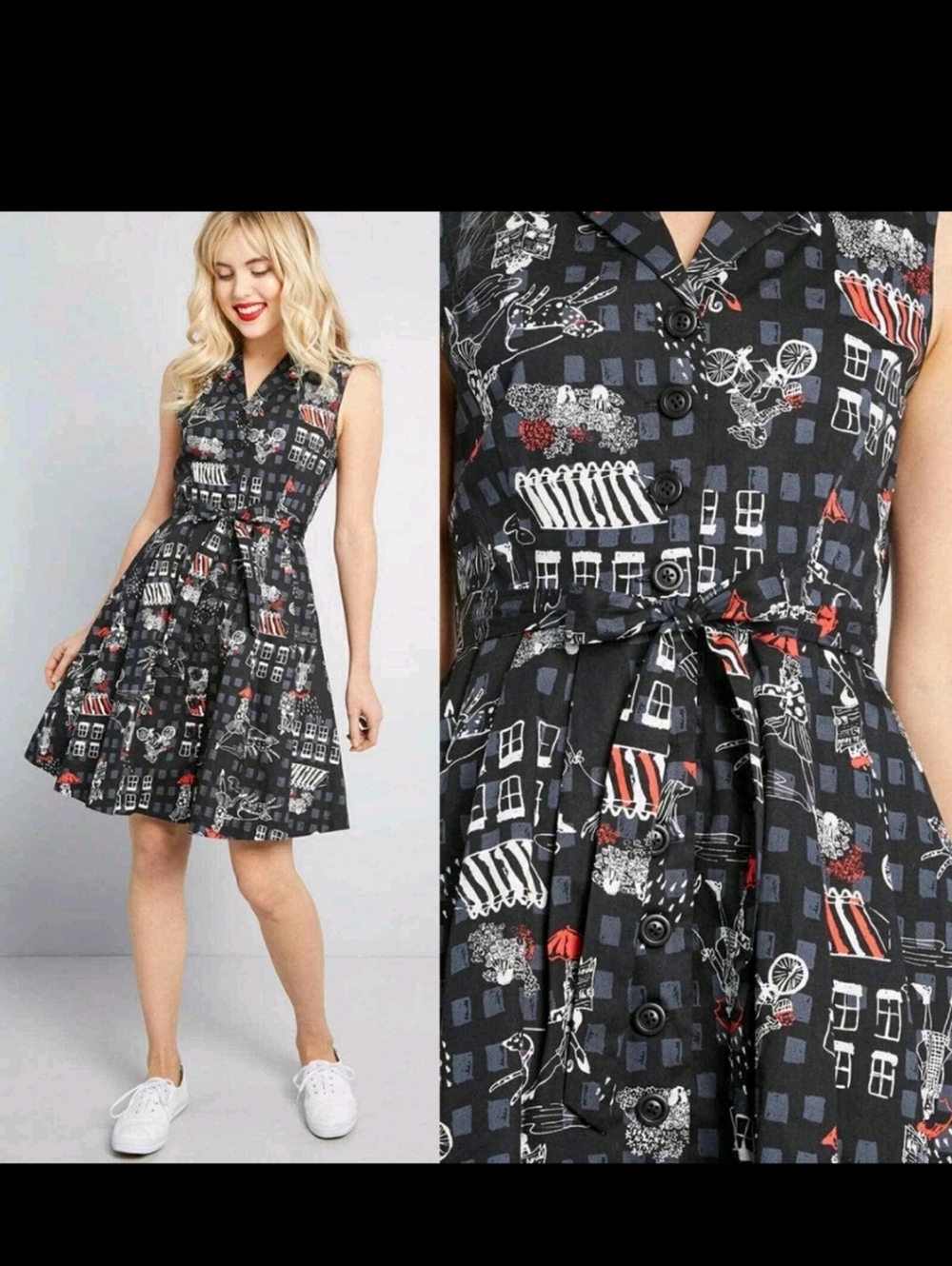 Modcloth Black Pinup Sleeveless Community Brunch Cotton Rockabilly Midi Sz L NWT - Picture 7 of 7